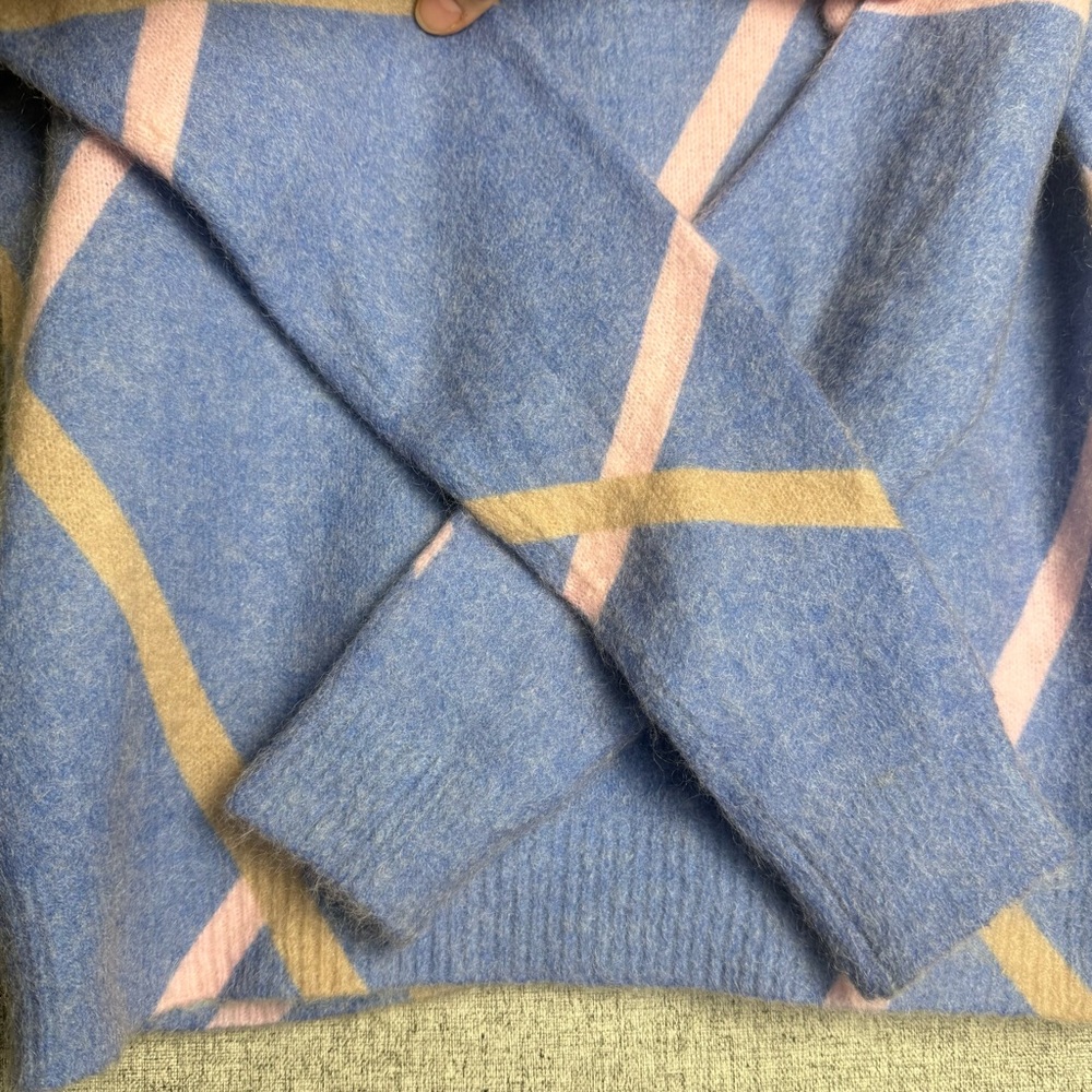 Bianco & Blu Blue Pink Mohair Wool Argyle Sweater Made‎ Italy Women's MEDIUM - Picture 2 of 4
